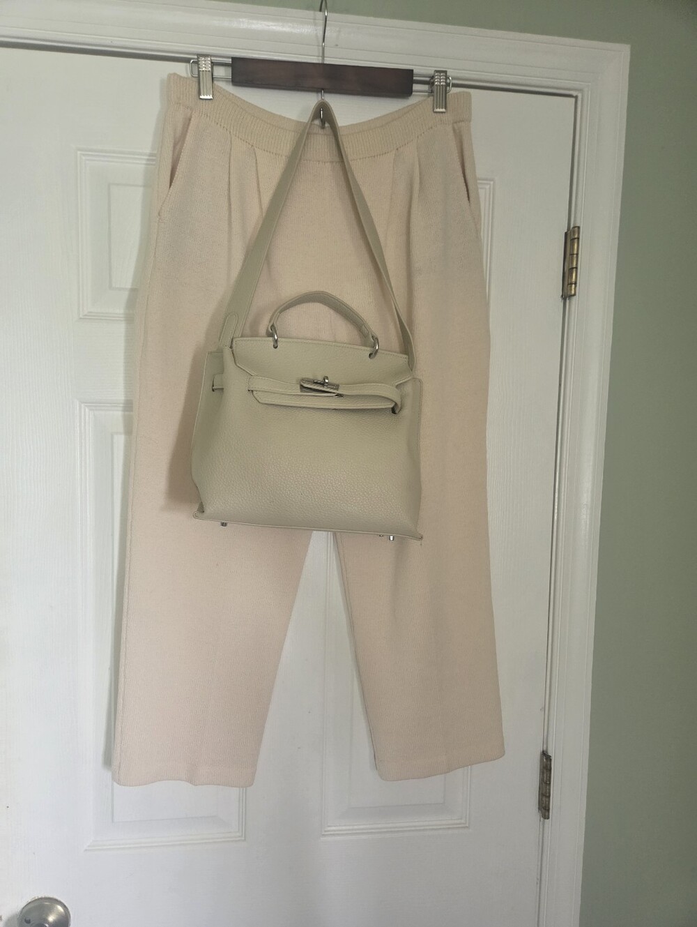 St. John Neutral Beige Sweater Trousers Top-Handle Satchel with Gold Hardware
